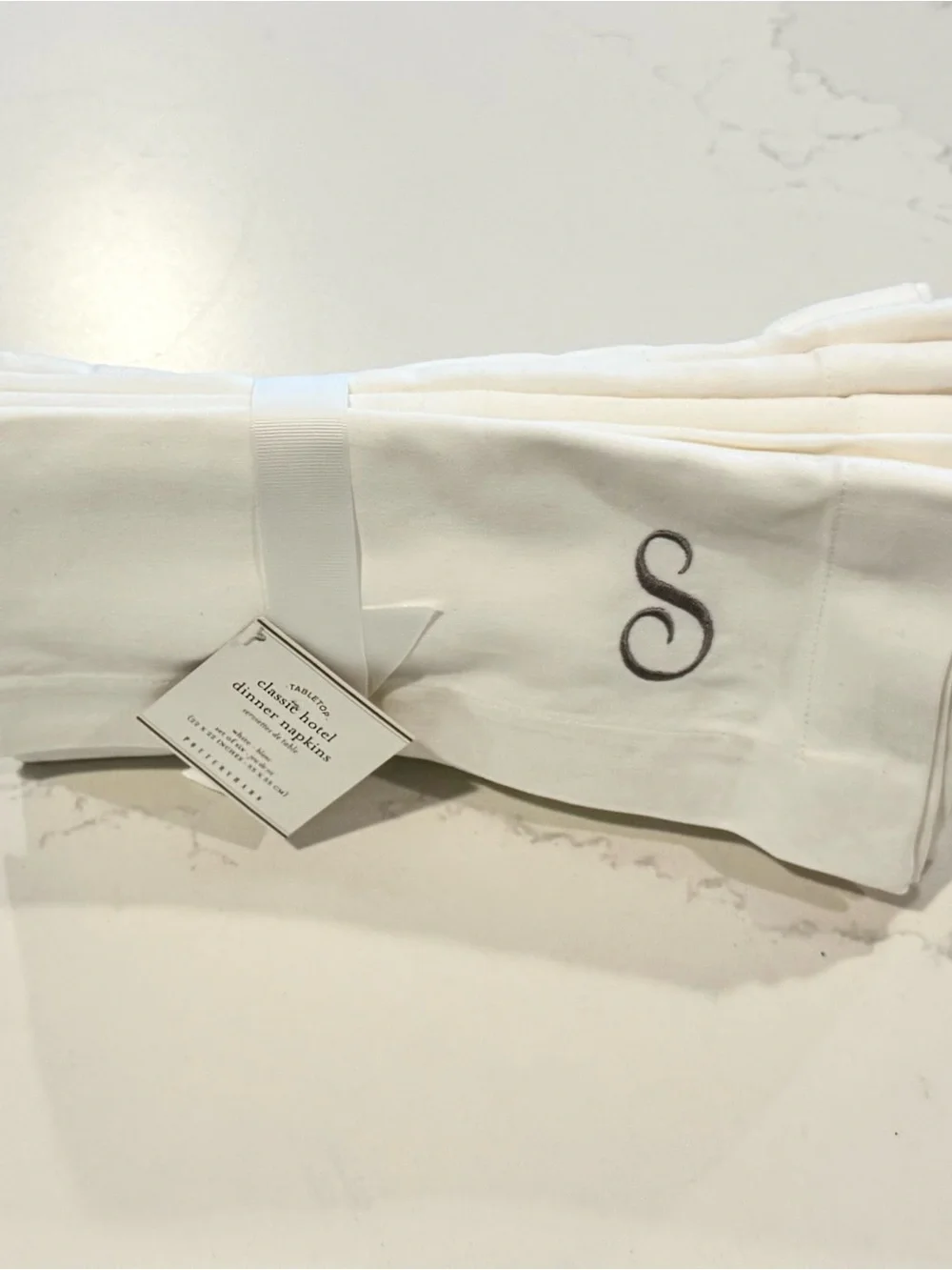 Pottery Barn Hotel Monogrammed White Table Napkins with Gray 'S'